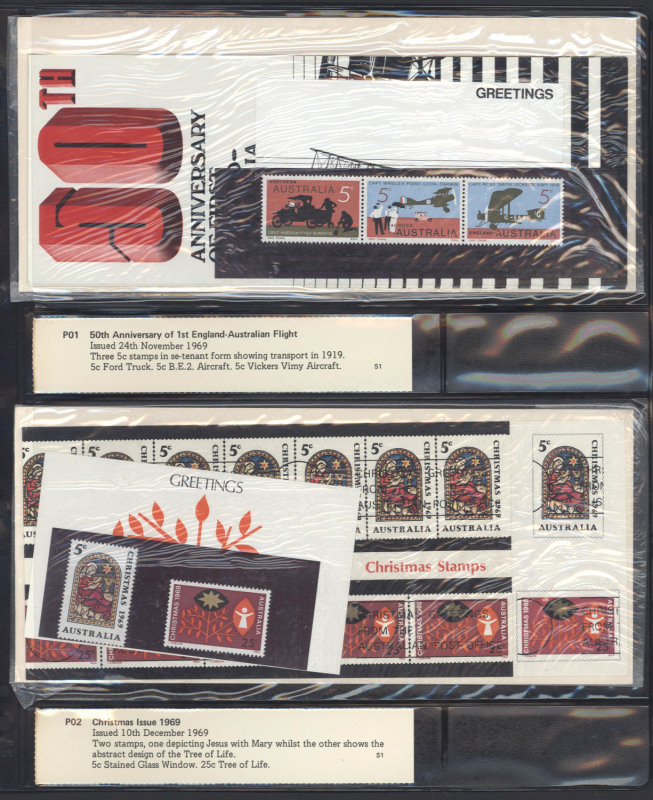 COMMONWEALTH OF AUSTRALIA: Decimal Issues: STAMP PACKS: 1969 - 1979 Australian P.O. Packs collection in P.W. Stamp Pack album; includes 1970 Cook, 1971 & '72 Xmas, Paintings to $10,1975 Xmas Gift Pack, etc. (66)