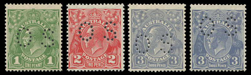 COMMONWEALTH OF AUSTRALIA: KGV Heads - Small Multiple Watermark Perf 13½ x 12½: Perforated OS group comprising 1d Green (Die II) **, 2d Red (Die III) **, 3d Blue (Die Ia) * & 3d Blue (Die II) ** (SG.O98b, O104a, O106 & O106b). (4) MUH/MLH. BW: $825.