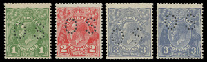 COMMONWEALTH OF AUSTRALIA: KGV Heads - Small Multiple Watermark Perf 13½ x 12½: Perforated OS group comprising 1d Green (Die II) **, 2d Red (Die III) **, 3d Blue (Die Ia) * & 3d Blue (Die II) ** (SG.O98b, O104a, O106 & O106b). (4) MUH/MLH. BW: $825.