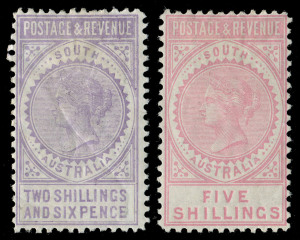 SOUTH AUSTRALIA: SOUTH AUSTRALIA: 1886-96 (SG.195 & 196) Perf.10, "Postage & Revenue" 2/6 mauve and 5/- rose-pink, Mint. (2). Cat.&pound;280.