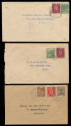 MALAYA - Postal History: MALAYA - Postal History: JAPANESE OCCUPATION: Group of commercial covers comprising a registered cover from Ipoh, 2 items from Malacca and one locally used in Paneang. Various adhesives, censor chops and other markings. (4). - 3