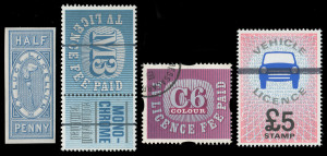 GREAT BRITAIN: Revenues (Great Britain) GREAT BRITAIN: Revenues (Great Britain): Revenues (Great Britain): Various revenues comprising 1871 MATCH TAX ½d blue Imperforate Trial; TELEVISION LICENCE 1979 M3 (£13) WITH COUNTERFOIL & 1988 C6 (£62.50) & vehicle licence £5 (1980). (4 Items).
