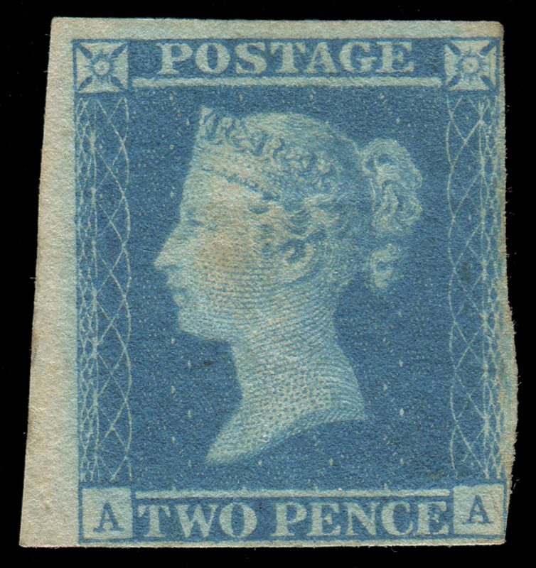 GREAT BRITAIN: GREAT BRITAIN: 1841 (SG.13) Imperforate, paper more-or-less blued, 2d Pale Blue (with lines) [AA] upper left corner single, with large margins at top and left, close at base and irregular at right, but just clear of design; large part o.g.