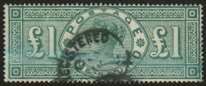 GREAT BRITAIN: GREAT BRITAIN: 1891 (SG.212) &pound;1 green Queen Victoria, Registered usage with part of the blue defacing crayon mark still visible; otherwise FU. Cat.&pound;800.