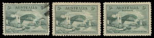 COMMONWEALTH OF AUSTRALIA: Other Pre-Decimals: 1932 5/- Sydney Harbour Bridge: 3 examples, (2 Mint, with minor gum thins; 1 commercially Used). All of attractive frontal appearance.
