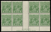 COMMONWEALTH OF AUSTRALIA: KGV Heads - Single Watermark: 1d Green WATERMARK INVERTED Plate 3 Mullett Imprint block of 8 with varieties "Notched N.E.Corner" [V/59] & "White flaw in right frame opposite emu's feet" [VI/55], fine MLH, BW:77a(3)zb - $875 (as