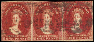 1855 (SG.14) 1d Carmine Chalon, Large star wmk.; a fine margined strip of 3 touching at upper right; fresh colour. A scarce multiple. Cat.&pound;2400.