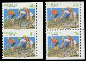 COMMONWEALTH OF AUSTRALIA: Decimal Issues: 1989 (SG.1180b) 41c Cycling, vertical pair from a booklet pane, IMPERFORATE BETWEEN, Unused. BW:1378b - $600. [NB: All known examples are without gum, having been removed from uncancelled FDCs.] With a normal pai