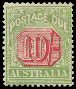 COMMONWEALTH OF AUSTRALIA: Postage Dues: 1909-10 (SG.D72) 10/- rosine & yellow-green, wmk Crown over double-lined A, thick paper, MUH.