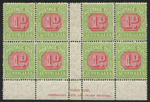 COMMONWEALTH OF AUSTRALIA: Postage Dues: 1931-36 (SG.D100) 1d carmine & yellow-green, Ash Imprint blk.(8), N over A with varieties "Broken left frame of value tablet" [RP9/1] and "Left frame of value tablet buckled" [RP10/1], MUH.