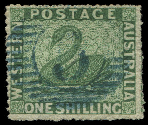 WESTERN AUSTRALIA: 1861 (SG.46) Very Rough Perf 14-16 1/- deep green, fine used with guarantee handstamp on reverse, undercatalogued at £375. Very scarce.