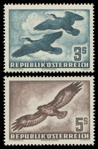AUSTRIA: 1950-53 (Mi.955-56, 968 & 984-87) 60g - 20s Bird Airmails set, complete (7), superb MUH.