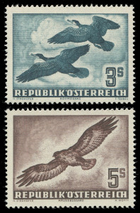 AUSTRIA: 1950-53 (Mi.955-56, 968 & 984-87) 60g - 20s Bird Airmails set, complete (7), superb MUH. 