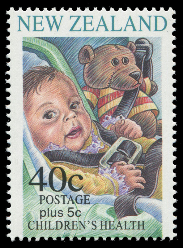 NEW ZEALAND: 1996 Health (Road Safety) 40c Teddy Bear sheet stamp CP:T68a, fresh MUH, Cat. NZ $2000, with an example of the re-drawn value provided for comparison. [Erroneously issued as the baby was depicted facing forwards in the car contrary to safety