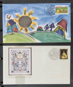 COMMONWEALTH OF AUSTRALIA: General & Miscellaneous: Consignment balance of mostly 1980s-90s unaddressed FDCs (toning in places) in six volumes; 1994 Year of the Family & 1995 Weary Dunlop PNCs; also Territories including with AAT 1966 Defintives stamp pack, plus PNG stamp packs, GB 1980s FDCs unaddressed; etc. (few 100s)