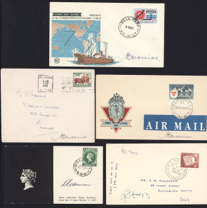 COMMONWEALTH OF AUSTRALIA: First Day & Commemorative Covers: 1953-63 FDCs signed by the stamp designer and/or engraver mostly Peter Morriss (7) including 1953 Young Farmers, 1955 YMCA & 1959 QEII 5d (Morriss designed the original die, with a 2½d denominat