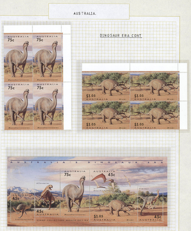 COMMONWEALTH OF AUSTRALIA: Decimal Issues: 1988 (Jan)-1999 (Nov) Collection in two volumes, looks almost complete MUH for the period, mostly in marginal or corner blocks of 4 (ex high value defintives), also se-tenant multiples, sheetlets and M/Ss; FV: $1