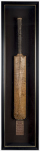 THE ASHES IN AUSTRALIA 1920/21A full-size Frank Woolley cricket bat, signed on the reverse of the blade by the Australian team (on the left) and the English team (on the right). Attractively framed and glazed.