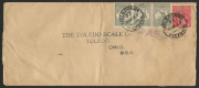COMMONWEALTH OF AUSTRALIA: Kangaroos - Third Watermark: June 1917 usage of 2d Grey (Die I) strip of 3 (one unit small corner defect) and KGV 1d red on censored cover from Melbourne to Toledo, USA, with 'PASSED' handstamp in violet.