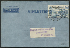 COMMONWEALTH OF AUSTRALIA: Postal Stationery: 1951 use of Territories Formular Aerogramme in New Hebrides BW.FA1E with English 30c Gold Currency tied by "NEW HEBRIDES/3DEC51/VILA" datestamp, addressed to Scotland.