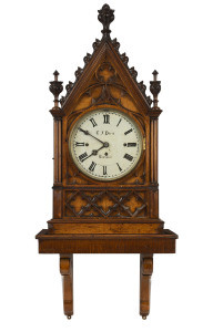 English Gothic bracket clock with original bracket, dial marked "T.J. DAVIS, LIVERPOOL", 8 day three train fusee movement, quarter striking on eight bells, the hour strikes a gong, circa 1840, ​clock 75cm high, with bracket 106cm high overall