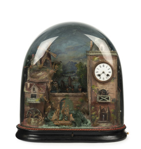 A French glass cased automaton mantel clock with handpainted dome, late 19th century, village scene with figures, clock tower and windmill, music box with timepiece, 51cm high