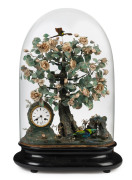 French automaton singing bird mantel clock in glass dome, 19th century, music box base, four birds with twisted glass water feature and a time and strike movement, rare original and complete, in working order, 71cm high