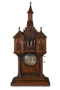 BLACK FOREST "Apostle" clock in the form of a cathedral, 12 apostles march across the central balcony every second hour, circa 1850, 89cm high
