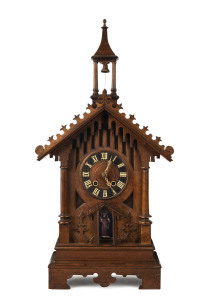 BLACK FOREST "Monk" mantel clock, on the hour and half hour a carved figure rings the bell in the tower, circa 1860, 82cm high