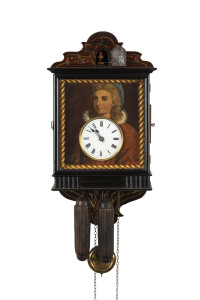 Black Forest blinker hanging cuckoo clock with oil painted zinc panel portrait of a young girl with eyes that move to the beat of the pendulum, circa 1855, 45cm high