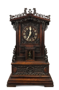EMILIAN WEHRLE Black Forest Trumpeter Tyrolean shelf clock, plays two announcements on 8 horns, circa 1880, 104cm high