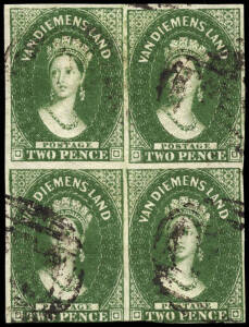 1855 (SG.15) 2d Deep Green Chalon, Large Star wmk.; a full margined block (4)(touching at base) of fresh colour and lightly cancelled. Mounted on the special page prepared by Robson Lowe Ltd. for the Maurice Burrus sales. Cat &pound;2000++.Provenance: Burrus (1