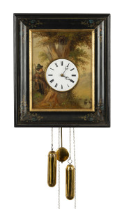 BLACK FOREST cuckoo wall clock with painted dial by Johann Baptist Beha of Eisenbach, wood plate spring driven 50 hour movement, circa 1855, inner part of the frame decorated with an oil painted zinc panel with a hunting scene, 42cm high