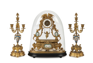 Eugène Farcot French three piece clock set, gilt bronze with Sevres porcelain panels and rare "Swinging Cherub" pendulum and open face visual escapement, in glass dome, 19th century. 48cm high