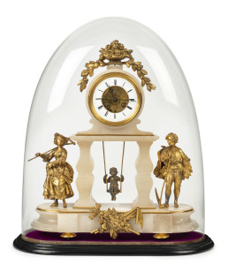 Eugène Farcot French "Swinging Cherub" mantel clock, alabaster with ormolu mounts in glass dome, circa 1860, strike on bell with a special double escapement which enables the cherub pendulum to swing back and forward instead of left to right. Rare. 56cm h