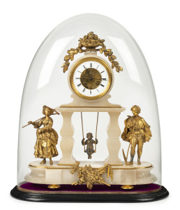 Eugène Farcot French "Swinging Cherub" mantel clock, alabaster with ormolu mounts in glass dome, circa 1860, strike on bell with a special double escapement which enables the cherub pendulum to swing back and forward instead of left to right. Rare. 56cm high