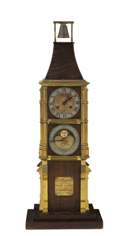 Architectural Bell Tower Industrial two tier moonphase mantel clock, 19th century, brass presentation plaque reads "Captain R. Hippisley, R.C. From His Brother Officers Of The Telegraph Battalion, 4th November, 1885", 55cm high