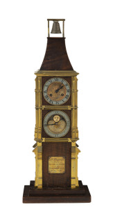 Architectural Bell Tower Industrial two tier moonphase mantel clock, 19th century, brass presentation plaque reads "Captain R. Hippisley, R.C. From His Brother Officers Of The Telegraph Battalion, 4th November, 1885", 55cm high