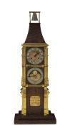 Architectural Bell Tower Industrial two tier moonphase mantel clock, 19th century, brass presentation plaque reads "Captain R. Hippisley, R.C. From His Brother Officers Of The Telegraph Battalion, 4th November, 1885", 55cm high