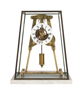 Brass Turret clock on marble base with glass cover, stamped "NHILL POST OFFICE, VIC, 1860", Note the township of Nhill's first post office was formalized 1861. 48cm high