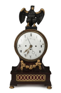 JOSEPH RUTSCHMAN Viennese early full Grande Sonnerie mantel clock with pull cord repeat, calendar dial, strikes at the hour and is followed by a tune on the Austrian music box mechanism, dial marked "Egidius Arztin Wien", walnut case with gesso eagle fini