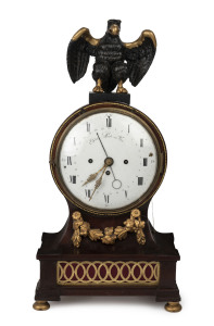 JOSEPH RUTSCHMAN Viennese early full Grande Sonnerie mantel clock with pull cord repeat, calendar dial, strikes at the hour and is followed by a tune on the Austrian music box mechanism, dial marked "Egidius Arztin Wien", walnut case with gesso eagle finial, circa 1800, movement stamped "JOSEPH RUTSCHMANN, WIENN", 60cm high