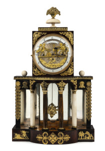 Viennese Grande Sonnerie mantel clock with animated cherub blacksmith scene on the dial which is activated on the quarter hour, circa 1800, 63cm high