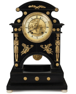 Viennese mantel clock with animated cherub blacksmith on the dial which is activated on the hour, figured sunburst pendulum and ebonized timber cabinet, circa 1810, ​43cm high