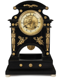 Viennese mantel clock with animated cherub blacksmith on the dial which is activated on the hour, figured sunburst pendulum and ebonized timber cabinet, circa 1810, 43cm high
