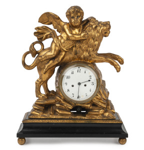 Viennese Cupid and Lion time and strike mantel clock with moving eyes, gilt wood and gesso case, circa 1800, 45cm high