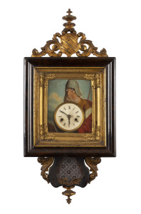 Viennese early wall clock with painted dial and moving eyes, circa 1770. 70cm high