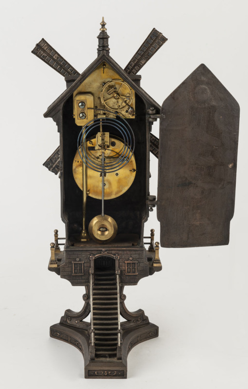 French Windmill automaton clock, bronze finished metal case with enamel ...