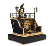 “Quarterdeck Helmsmen” French Industrial clock by Guilmet, 8 day time and strike movement housed in a gilt and silvered metal case on a black slate plinth, circa 1885. - 2