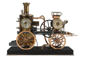 "Fire Pump" French Industrial clock with barometer, copper, brass and nickel plate on slate base, by Guilmet, circa 1885, the pistons and wheel move with separate mechanical movement. Rare. 34cm high, 45cm wide,